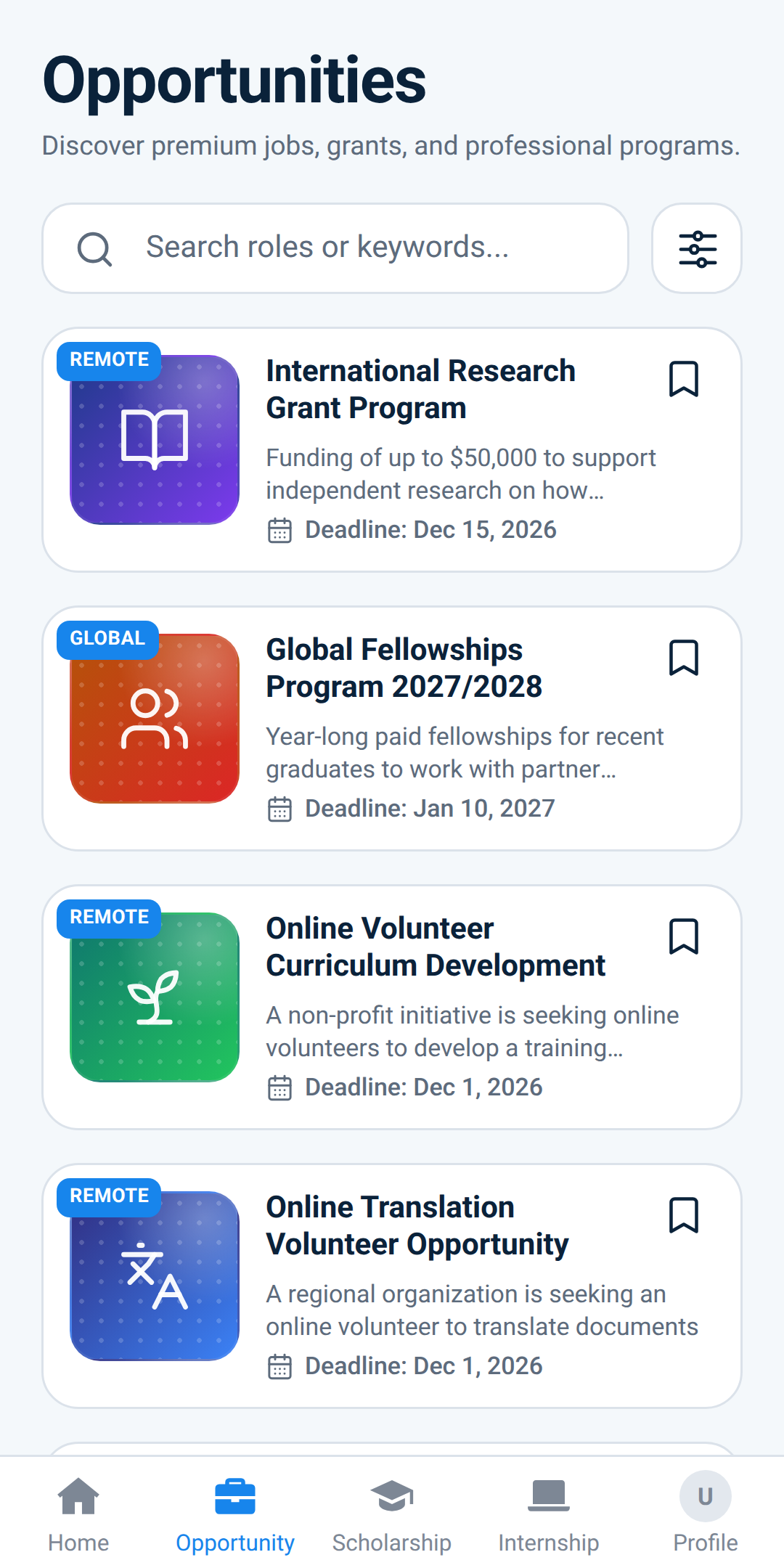 Opportunities list